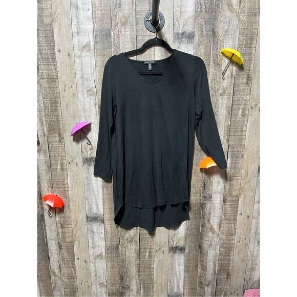Eileen Fisher Black Fine Jersey V-Neck Long Tunic Top - Picture 2 of 5